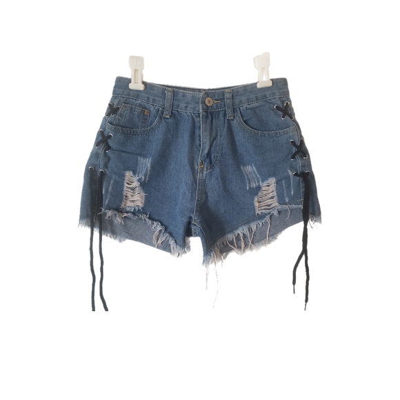 Distressed Denim Shorts with Lace-Up Sides - Picture 1 of 2
